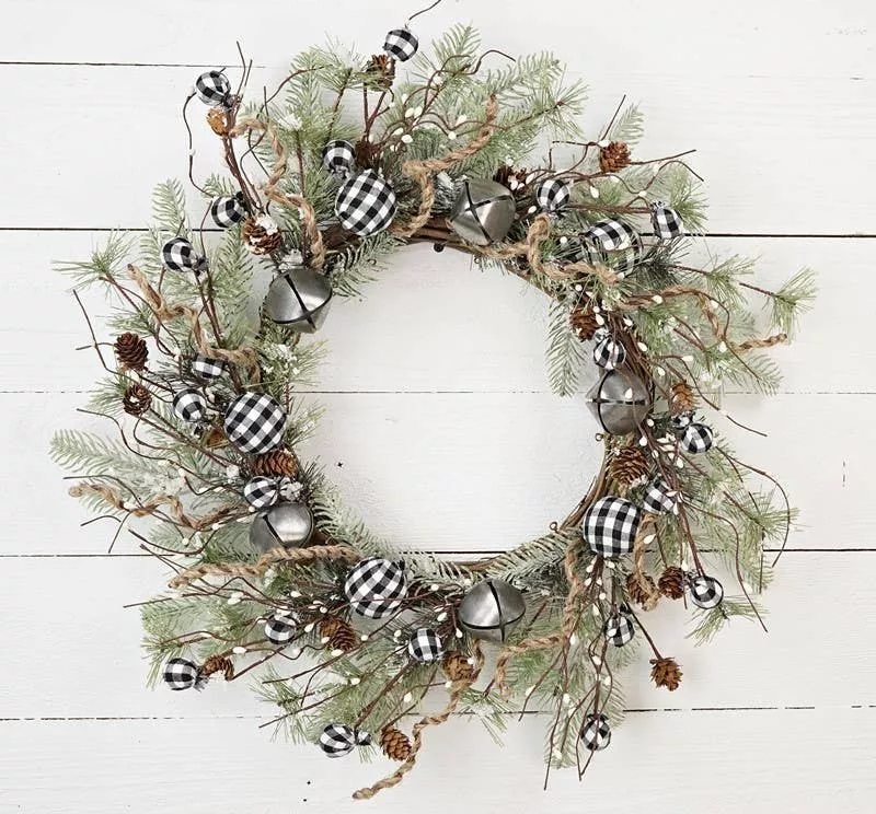 28350- 24in Wreath-Country Gingham Holidays-Black White-