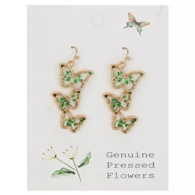 Butterfly Flock Dried Flower Gold Earrings