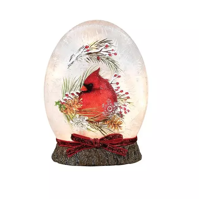 Pine Bough & Cardinals Small Pre-Lit Oval Orb w/ Base