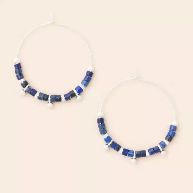 Stone Disc Hoop Earring – Lapis/Silver