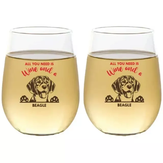 Wine-Oh! 2-Piece Stemless Shatterproof 16 oz. Wine Glasses, Beagle